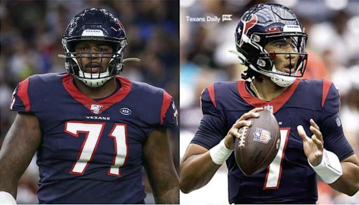 Houston Texans right tackle Tytus Howard (71) and quarterback C.J. Stroud (7)